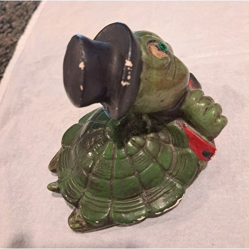 Vintage ceramic art turtle statue figurine with top hat and bow tie cottagecore